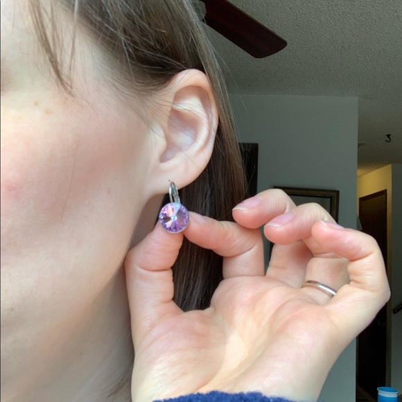 Purple/Green Iridescent Glass Earrings Silver Trim - Picture 4 of 6